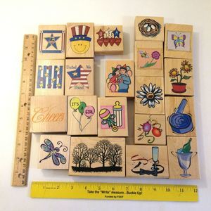 Lot of 20 Wood Mounted Rubber Stamps Assorted